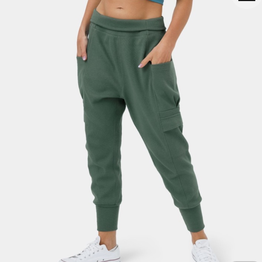 Halara High Waistd Foldover Side Pocket Waffle Harem Dance Cargo Joggers Duck Gr
